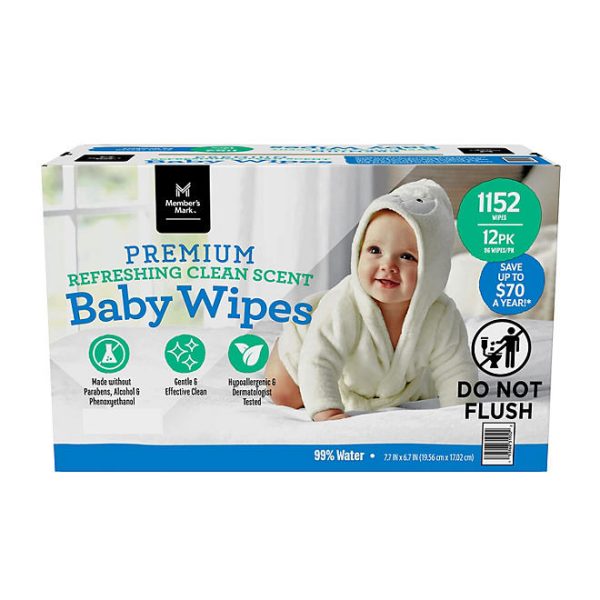 Member's Mark Premium Refreshing Clean Scented Baby Wipes, 12 Packs 1152 ct.