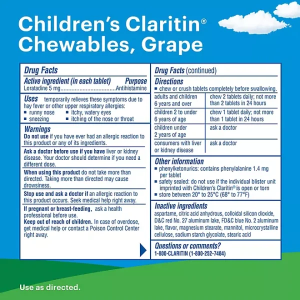 Children's Claritin Non-Drowsy Chewable Tablets, 5 mg Loratadine, Grape 40 ct./pk., 2 pk. - Image 2