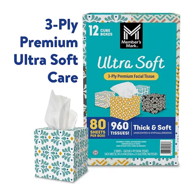 Member's Mark Ultra Soft 3-Ply Facial Tissues, Cube Boxes 80 tissues/box, 12 boxes - Image 2