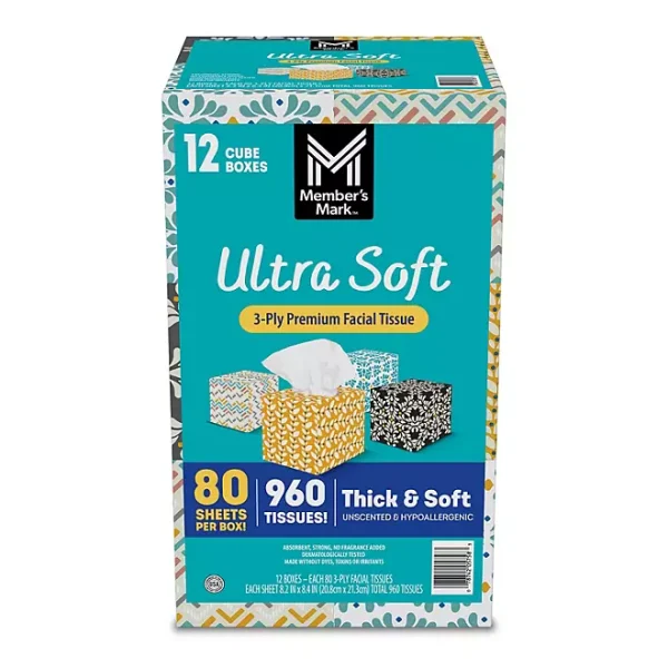 Member's Mark Ultra Soft 3-Ply Facial Tissues, Cube Boxes 80 tissues/box, 12 boxes - Image 3