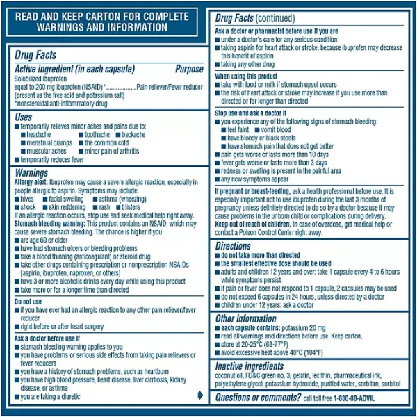 Advil Liqui-Gels Pain Reliever and Fever Reducer Capsules, 200 mg Ibuprofen, 120 ct./pk., 2 pk. - Image 2