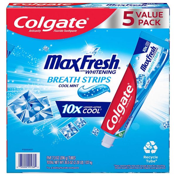 Colgate MaxFresh Toothpaste with Mini Breath Strips, Cool Mint 7.3 oz., 5 pk